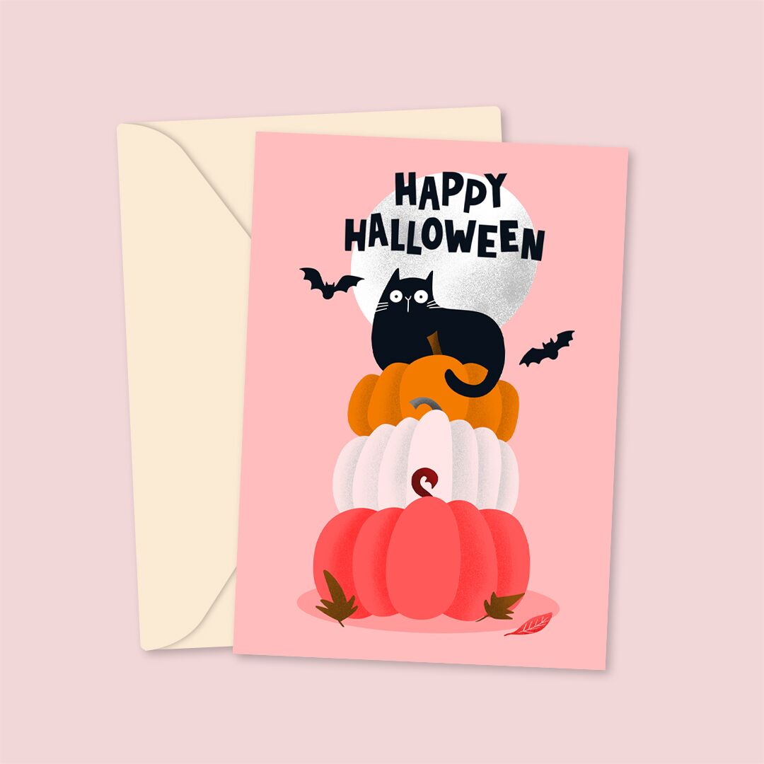 happyhalloweencatspumpkinsSM happy Halloween greeting card pumpkins
